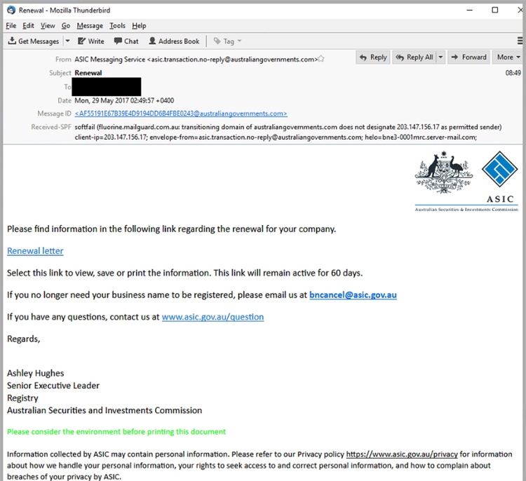 Fake Scam ASIC Email (Image Courtesy of Mailguard)