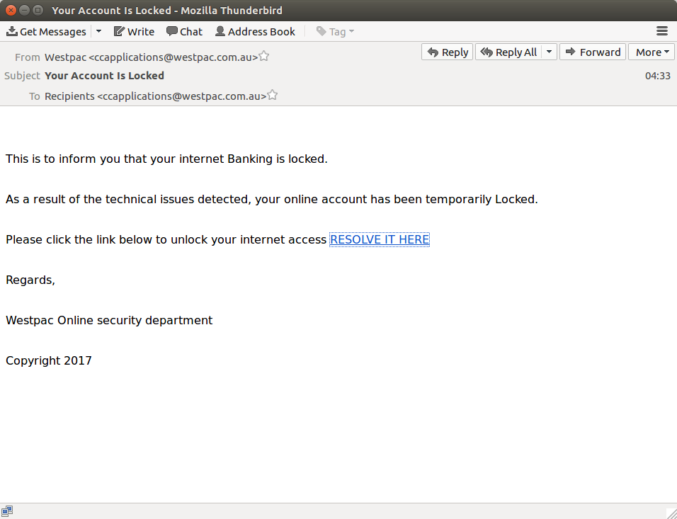 Courtesy of MailGuard - Westpac phishing email