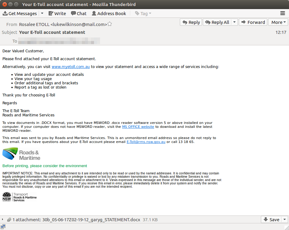 Courtesy of MailGuard - Email Phishing Scam - Roads and Maritime