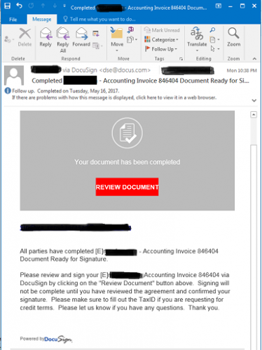 DocuSign - Phishing Scam (via McAfee Labs Blog)