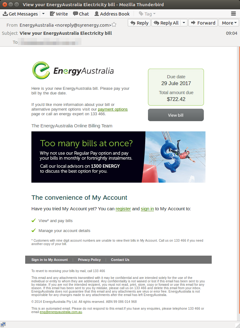 Fake EnergyAustralia Electricity bill courtesy of MailGuard